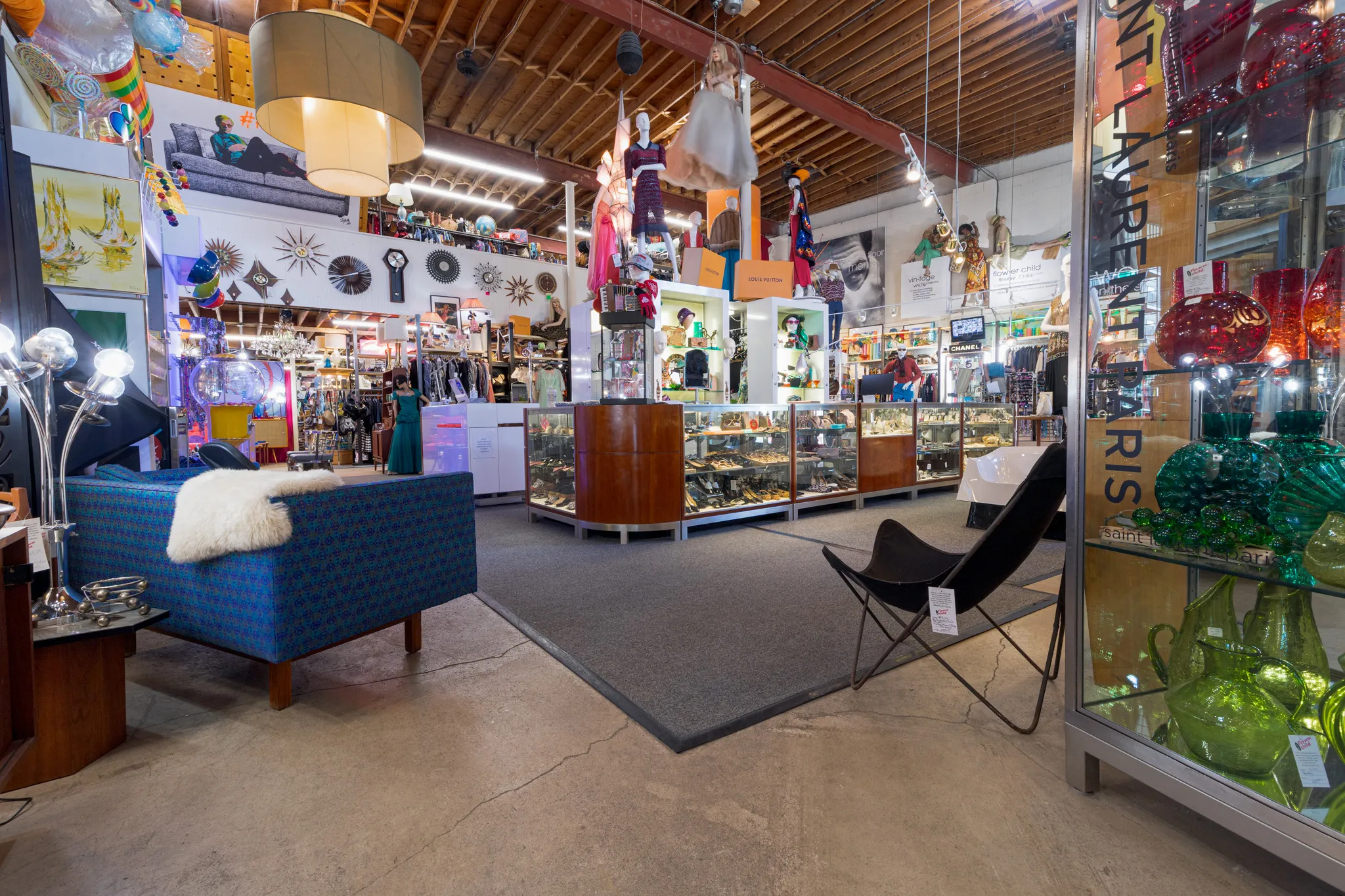Vintage store with colorful decor and furniture.