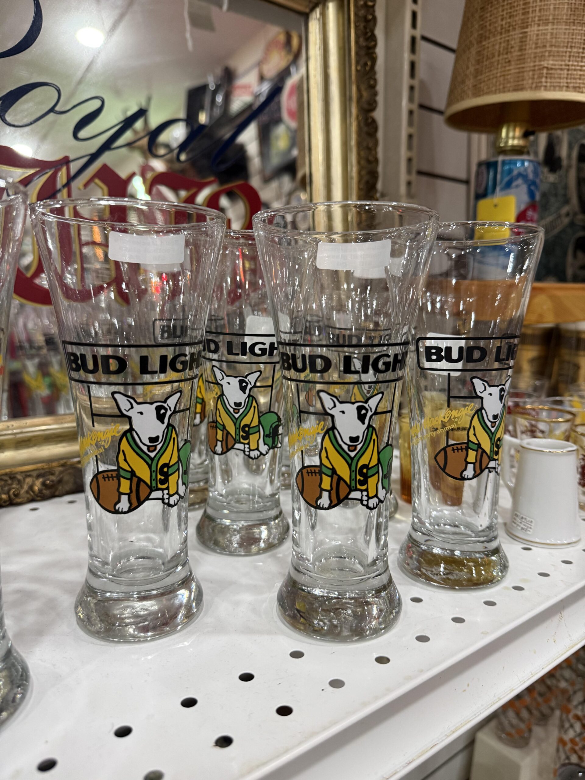 Bud Light beer glasses with dog illustration.