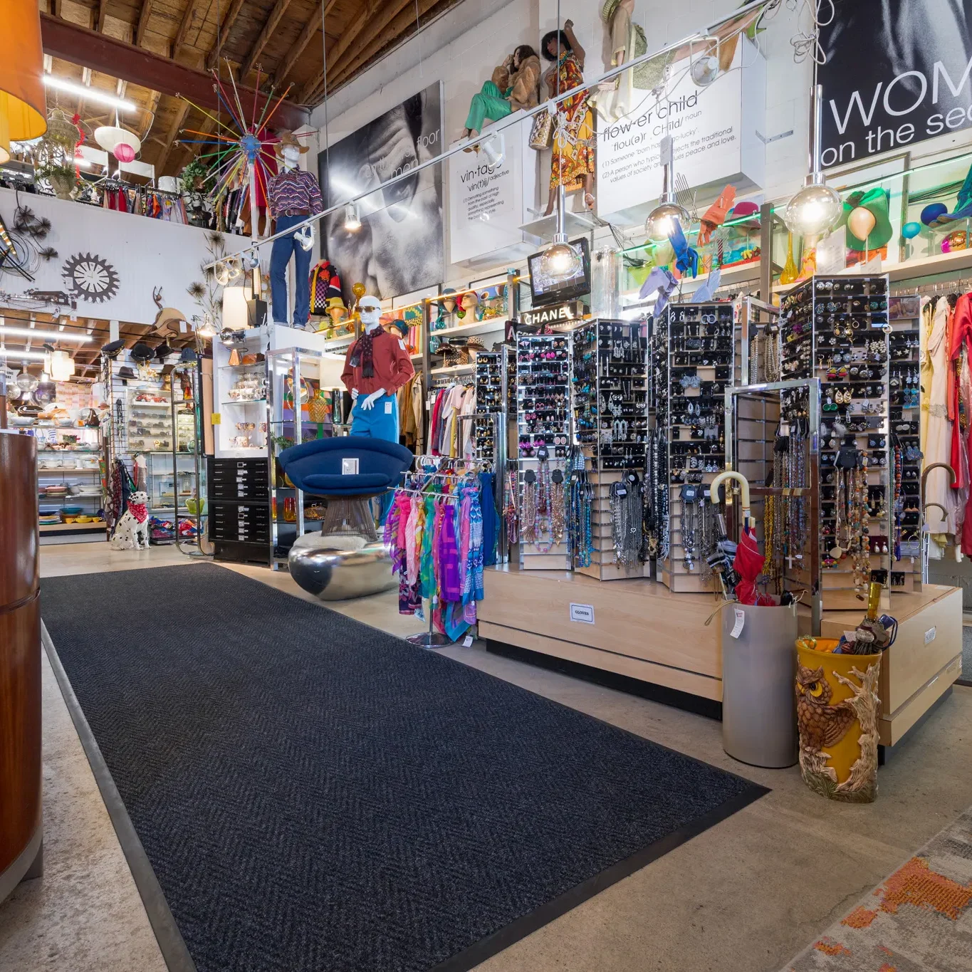 Clothing store interior with colorful displays.
